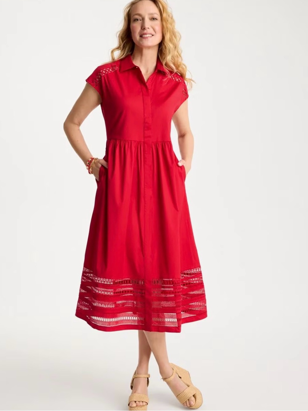 NWT CHICOS Midi Dress Lace Trim Shirt Dress Cherry Red Chicos Sz 2 (12/14 L)
